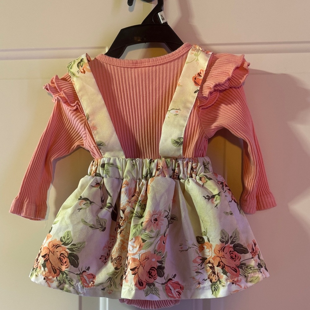 Floral Pink Baby Dress with Ruffles & Suspenders - Size 60 (3-6M) - Picture 6 of 7